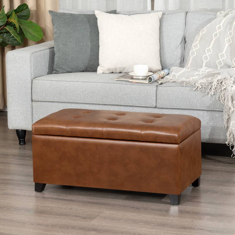 Adeco 31" Faux Leather Tufted Storage Ottoman Bench - 30.7"X15.5"X15.1"