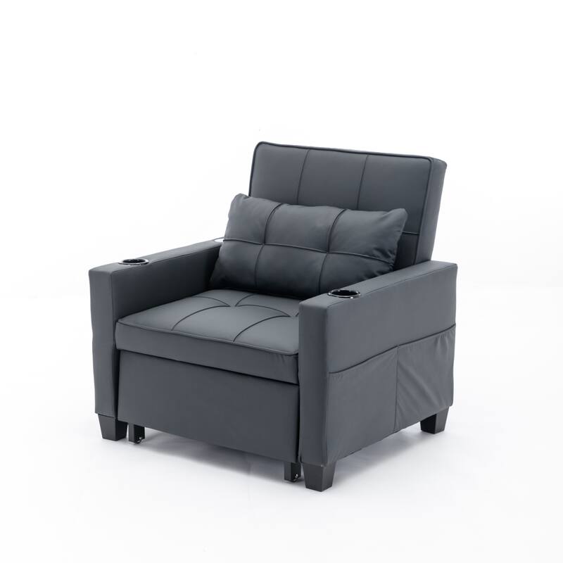 Leather Futon Armchair Bed with USB, Cup Holders & 3-Position Backrest