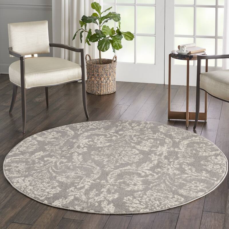 Nourison Jubilant Vintage Farmhouse Damask Area Rug - 5'3" Round - Grey