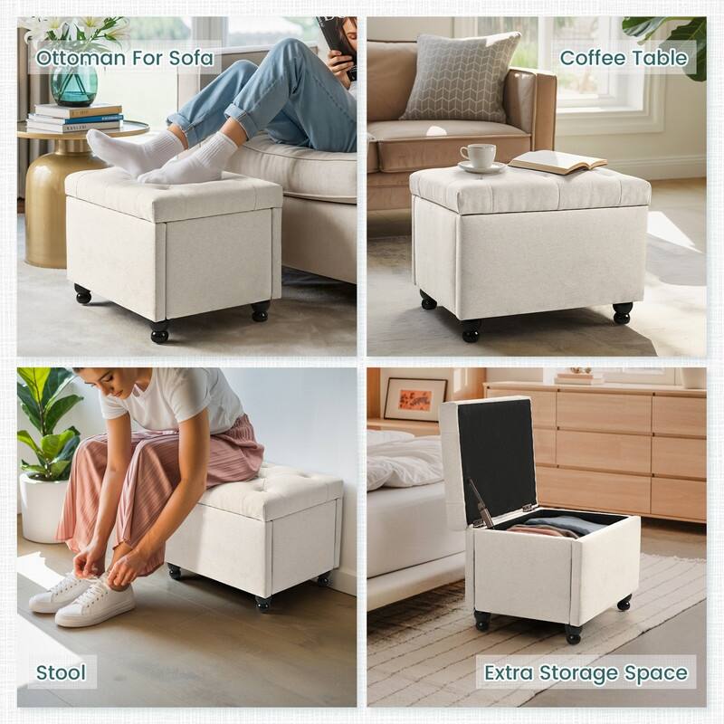 24" Faux Linen Rectangle Storage Ottoman, Shoe Stool for Entryway