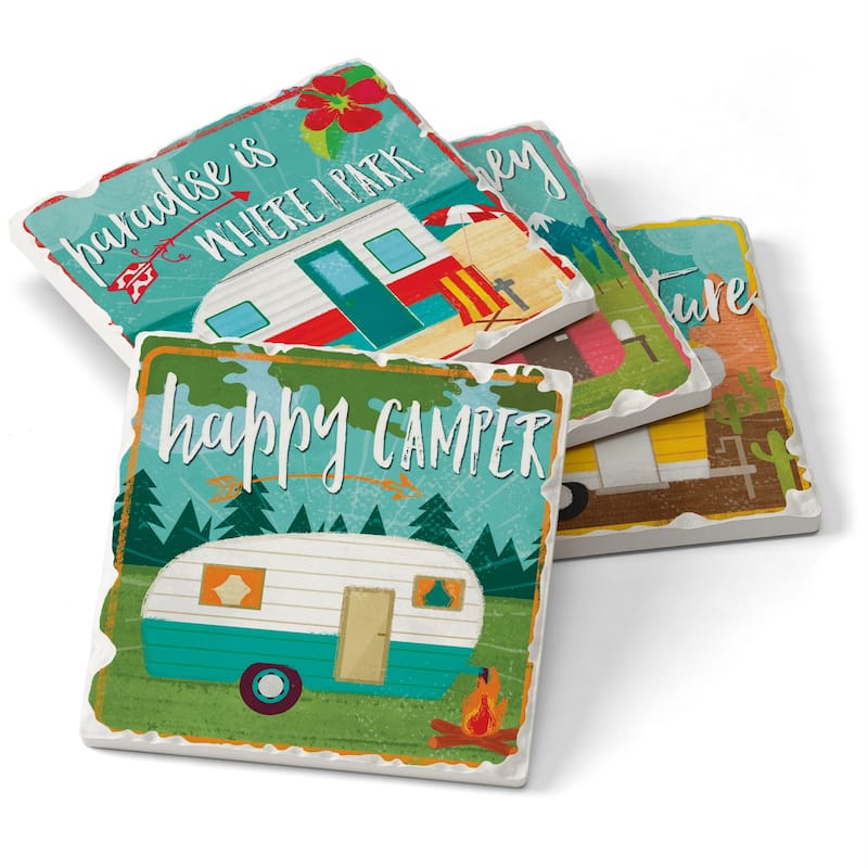 Counterart Absorbent Stone Coaster, Happy Campers, Set of 4 - 4.01x4.08