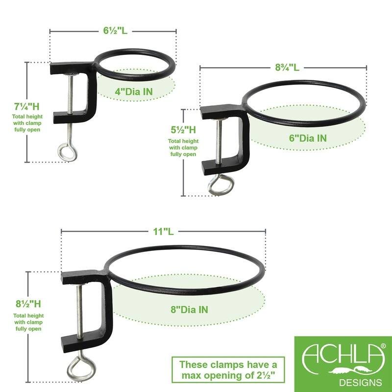Achla Designs Set of 2 Clamp-On Flower Pot Holder Ring Brackets, Black Powder Coat Finish