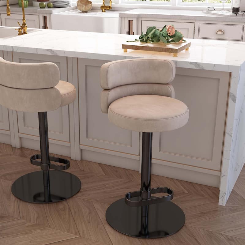Modern Velvet Bar Stool with Height Adjustment and 360-Degree Swivel - Black/Khaki