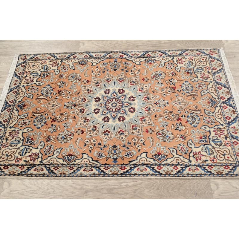 Vegetable Dye Floral Nain Persian Area Rug Hand-knotted Wool Carpet - 2'11" x 4'6"