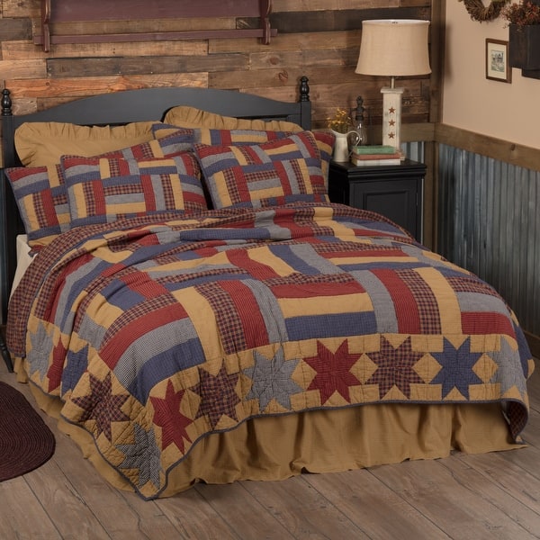 slide 2 of 9, National Quilt Museum Kindred Stars and Bars Quilt Golden Tan/Navy/Rust Red - King - Cal King