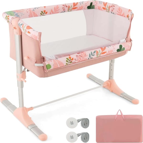 slide 2 of 6, Foldable Bedside Crib Portable Bassinet with Soft Mattress Travel Bag Pink