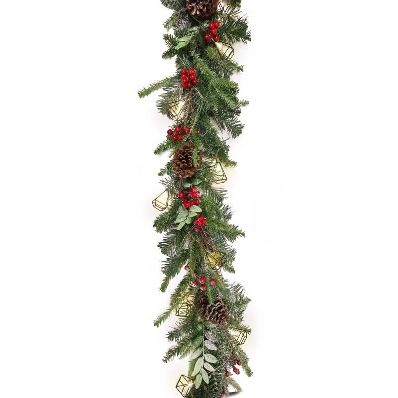 6ft Artificial Mixed Frosted Berry Twig Pine Cone & Pine Christmas Garland with Geometric Pyramid String Light Set - 72" L x 7" W x 5" DP - Frosted Green