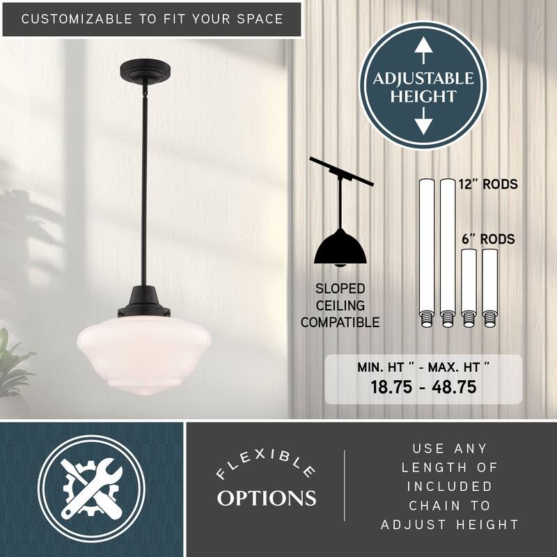 VAXCEL Eastgate 1-Light 12 in. Wide Schoolhouse Mini Pendant, White Frosted Opal Glass Shade, Hanging Ceiling Fixture