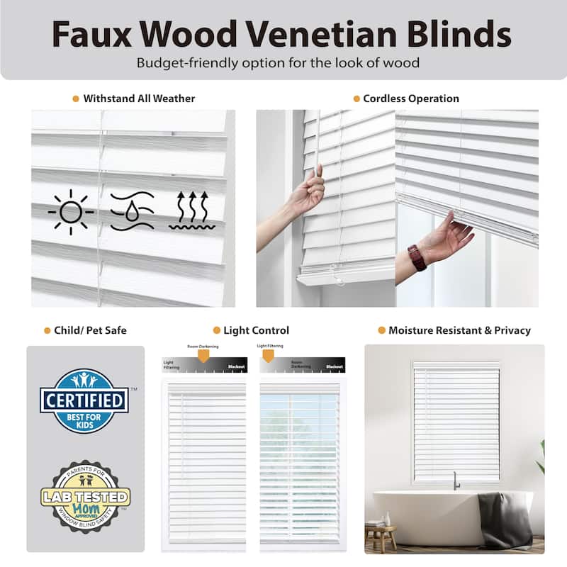 White Cordless Faux Wood Blind (48 inches long)