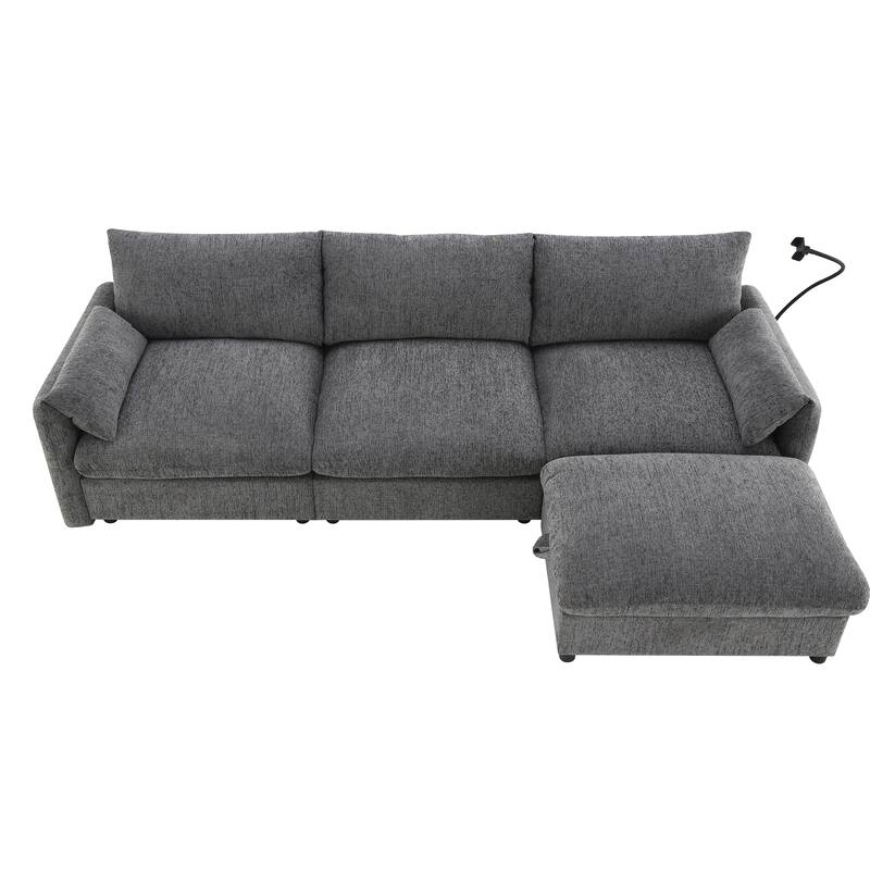 L-Shaped Sectional Chenille Sofa with Storage Ottoman, Phone Holder, USB Charger, Elephant Ear-Shaped Armrests and Pockets