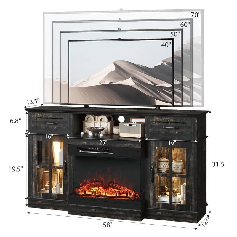 Farmhouse 58'' TV Stand For Tvs Up To 70'' With Electric Fireplace and Adjustable Shelves with Glass Door