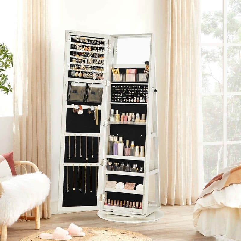 360° Swivel Lockable Jewelry Organizer Cabinet with Full-Length Mirror - 21.5''L x 21.5"W x 63.8''H