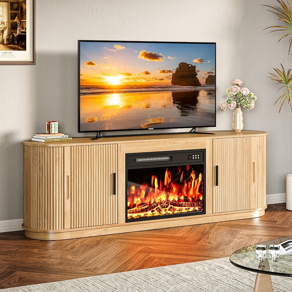 BOSSIN 70" Electric Fireplace TV Stand with Fluted Design, Curved Edges, 7 Flame Colors & 8H Timer, Holds Up to 80" TV, Black