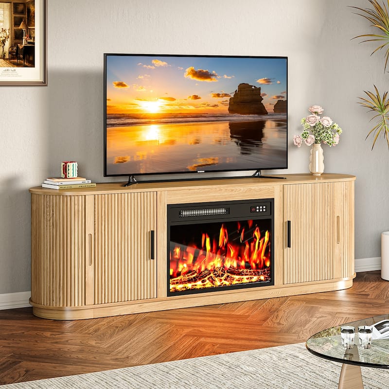 BOSSIN 70" Electric Fireplace TV Stand with Fluted Design, Curved Edges, 7 Flame Colors & 8H Timer, Holds Up to 80" TV, Black - Brown