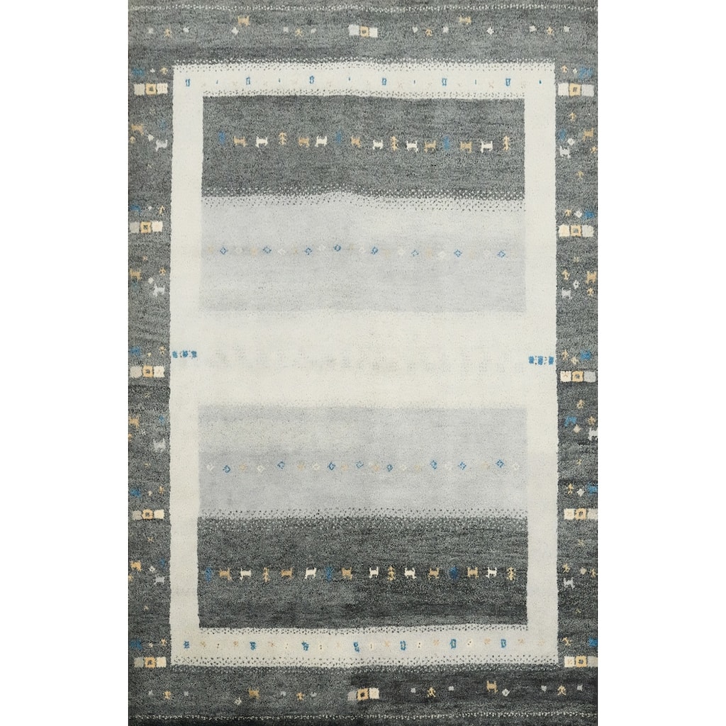 Hand Knotted Oriental 100% Wool Carpet Tribal Geometric Greys & Charcoal Gabbeh Area Rug - 7' 6'' X 5' 5''