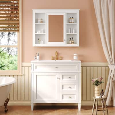 Freestanding Bathroom Vanity & Wall Mounted Mirror Cabinet Set with Resin Sink, Open Shelves, Drawers and Adjustable Shelves