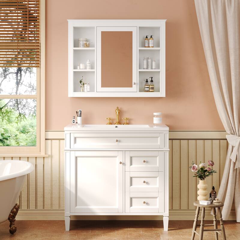 Roomfitters 36 Inch Bathroom Vanity with Sink and Mirror, Storage Cabinet with Drawers and Open Shelves - White