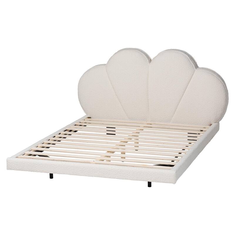 Barrera Floating Platform Bed with Scalloped Headboard - Low Profile Minimalist Boucle Upholstered Bed Frame