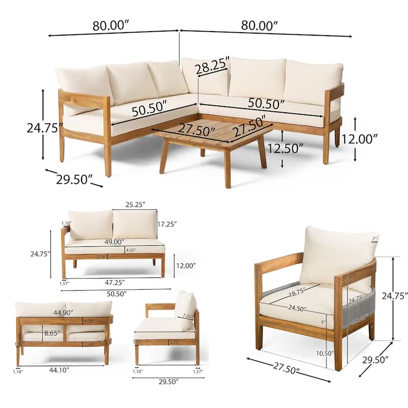 Christopher Knight Home - Valcour Acacia Wood Rounded Tuxedo Outdoor 6 Piece Sofa Set with Water-Resistant Cushions