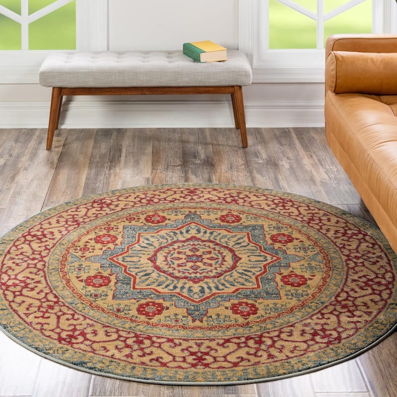 Traditional Cassia Collection Area Rug - Light Blue - 3'3" Round