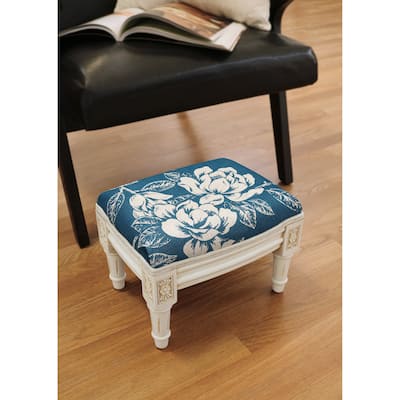 Navy Blue Magnolia Footstool with antique white finish
