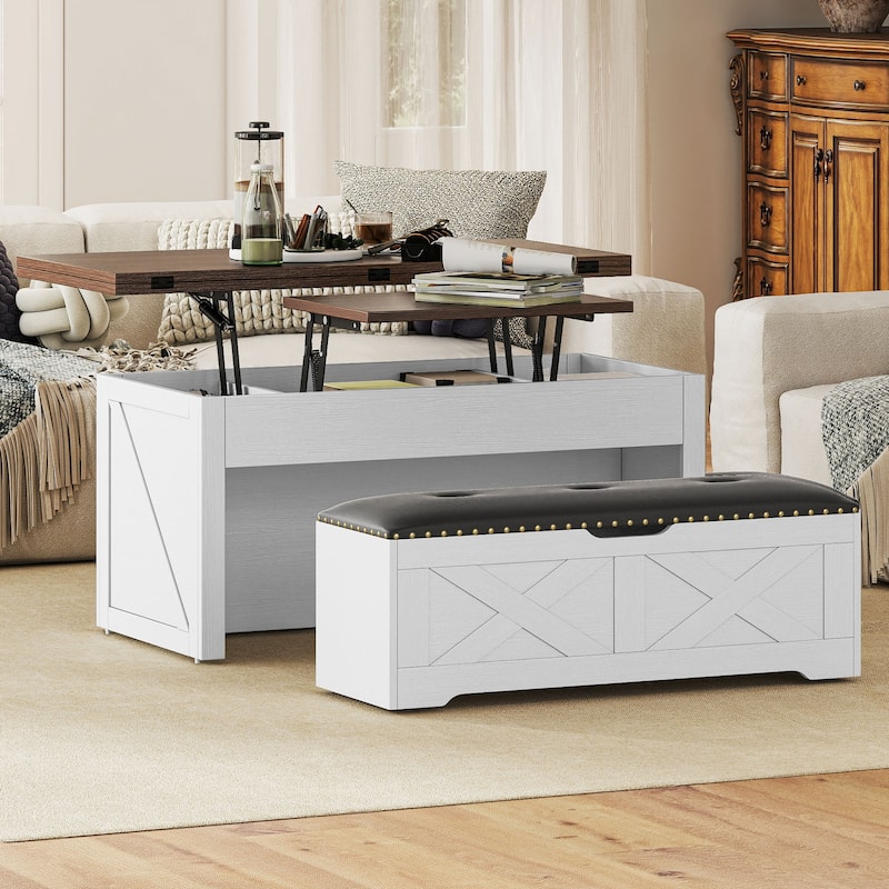 Moasis Wood Lift-Top Coffee Table Wheeled Dinning Center Table Set with Padded Ottoman