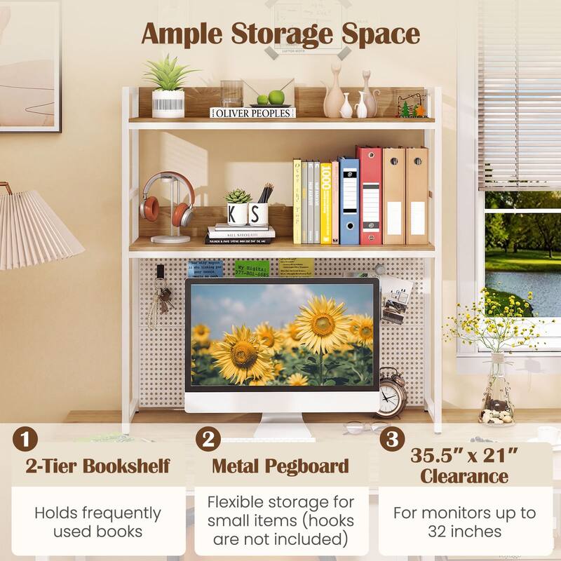 Gymax 2-Tier Countertop Desktop Bookshelf w/ Metal Pegboard 2
