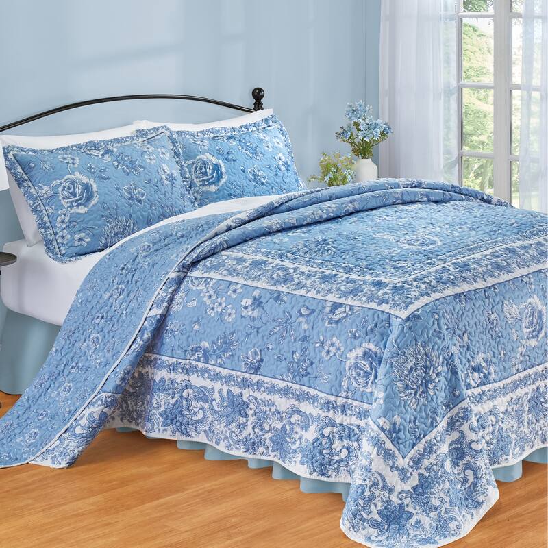 Porcelain Floral Paisley Border Quilted Bedspread - Twin