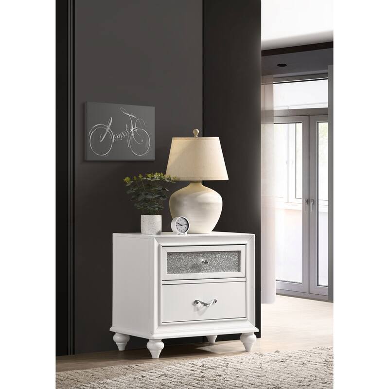 White 2-Drawer Nightstand with Crystal Hardware - Modern Design - White