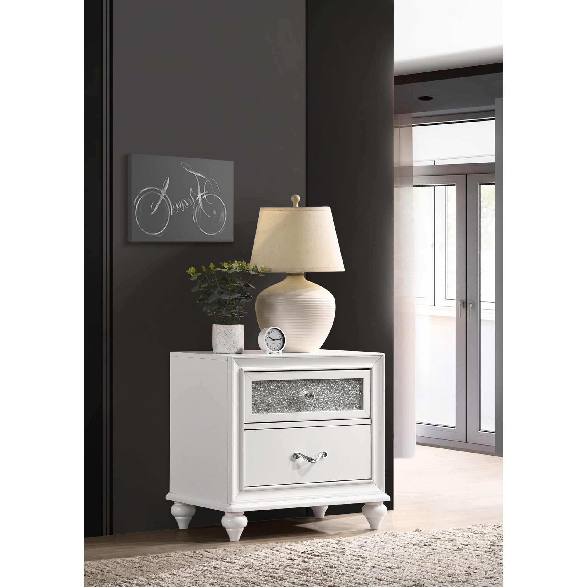 White 2-Drawer Nightstand with Crystal Hardware - Modern Design