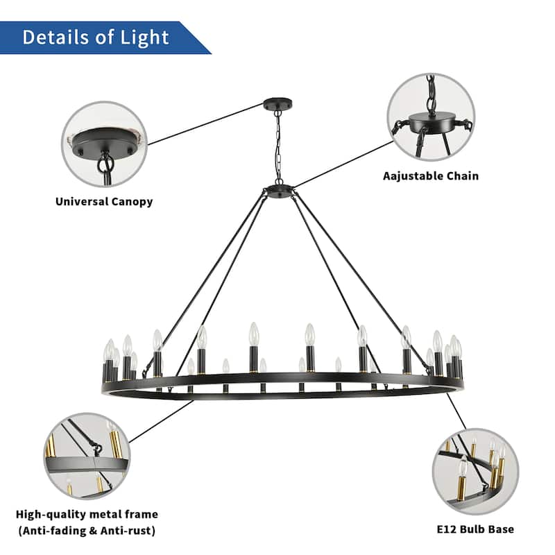 24-Light Modern Farmhouse Light Wagon Wheel Chandelier 54 Inch.