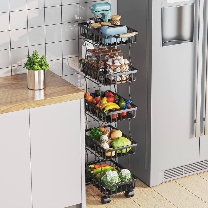 5 Tier Fruit Vegetable Basket for Kitchen, Fruit Vegetable Storage Cart, Vegetable Basket Bins, Wire Storage Basket
