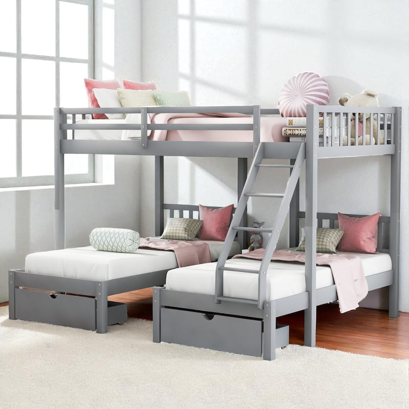 Full Over Twin & Twin Triple Bunk Bed with Drawers, Wooden 3 Beds in 1 with Guardrails and Storage - Grey - Full