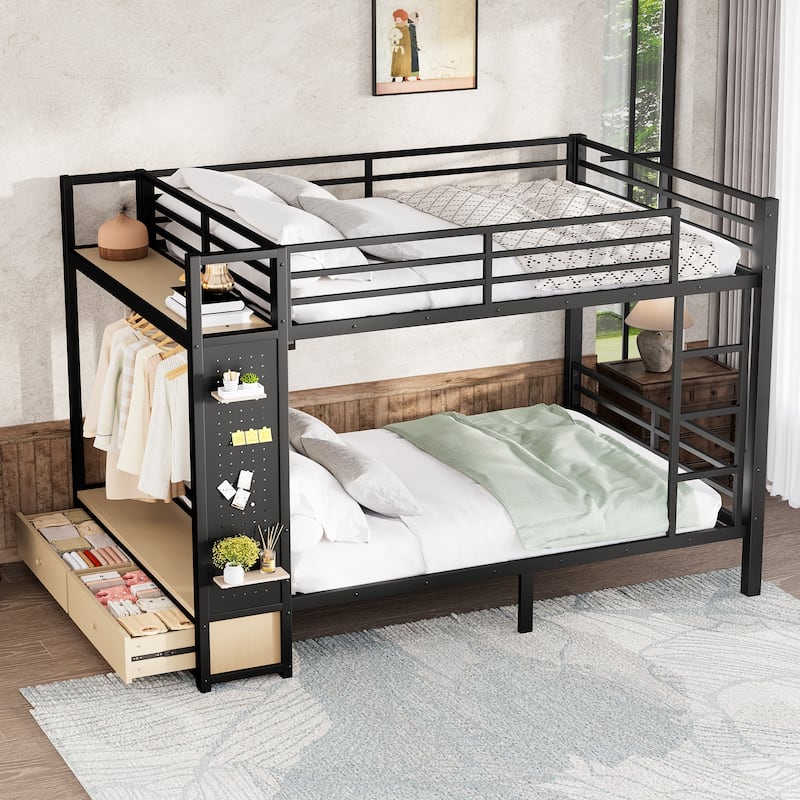 Queen Over Queen Bunk Bed with Wardrobe, Shelf, 2 Drawers and Pegboard