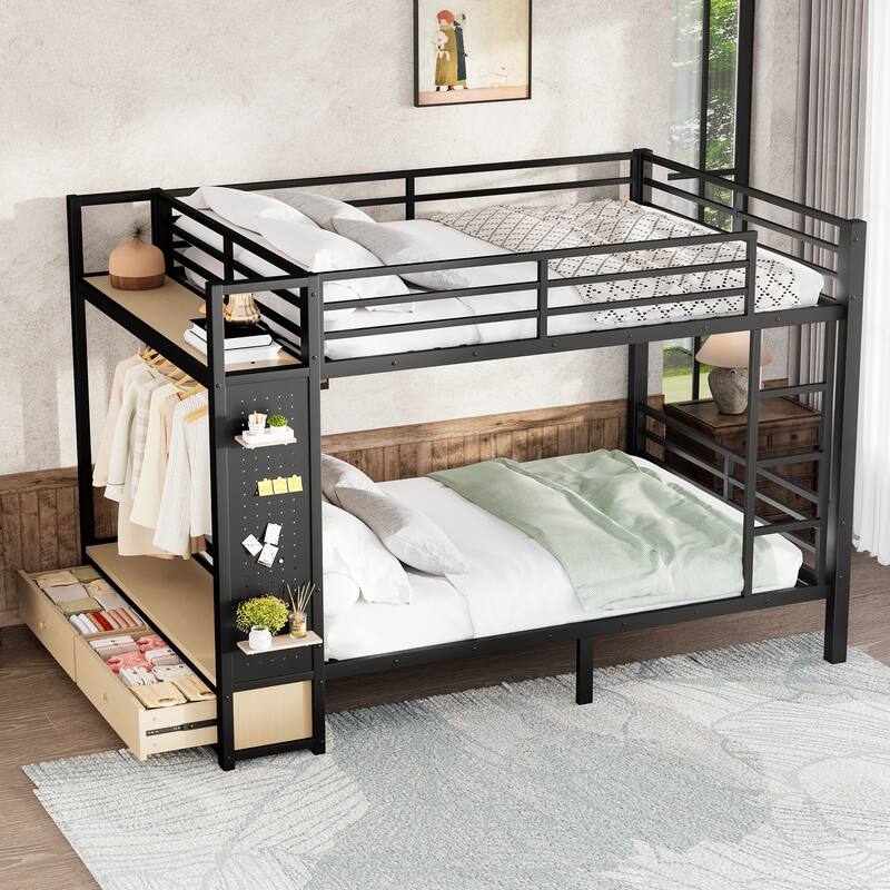 Queen over Queen size Metal Bunk Bed for Teens with Storage Shelves, Drawers and Pegboard