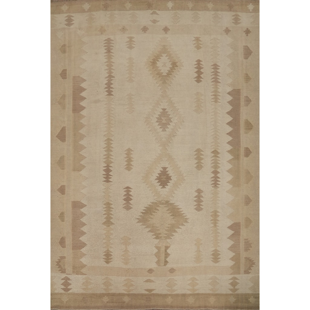Hand Woven Oriental 100% Wool Carpet Southwestern Tribal Beige & Ivories Kilim Area Rug - 9' 9'' X 8' 1''