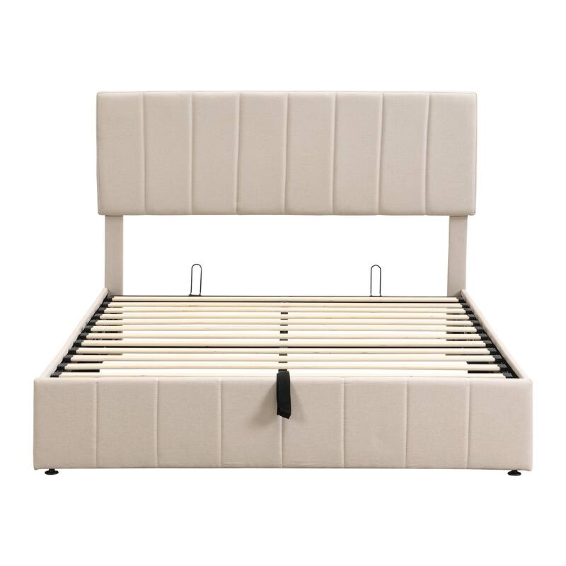 Hydraulic Lift Up Storage Bed, Linen Upholstered Platform Bed Frame with Vertical Panel Headboard, Wooden Slat Support