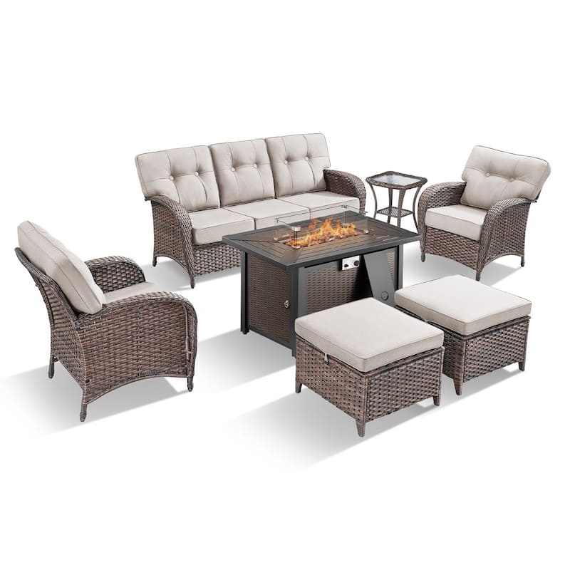 TWrap 7-Piece Wicker Patio Iron Fire Pit Conversation Set with 3-Seat Sofa & Armchairs