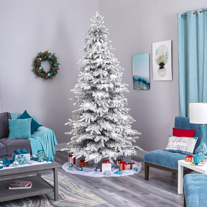 9ft. Flocked Grand Fir Artificial Christmas Tree with 8208 Warm Cluster Lights & 1818 Branches - Dazzling Winter X-Mas Showpiece