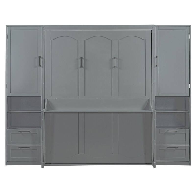 Queen Size Murphy Bed Wall Bed with 2 Wardrobes and 4 Storage Drawers, Foldable Murphy Cabinet Bed w/Open Storage Shelves& Stool