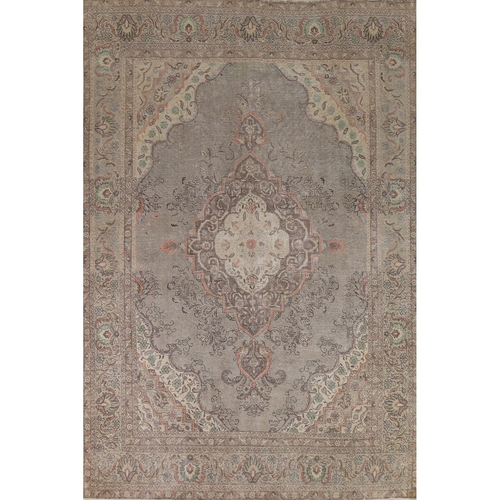 Gray Geometric Tabriz Persian Area Rug Hand-Knotted Wool Carpet - 9'1"x 12'9"