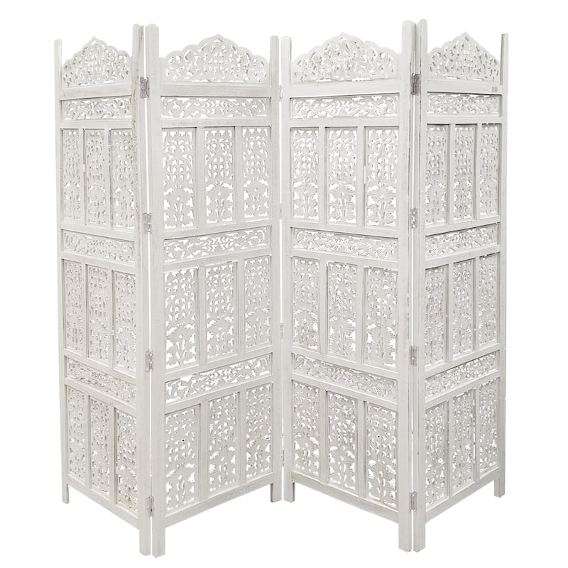 Aesthetically Carved 4 Panel Wooden Partition Screen/Room Divider, Distressed White