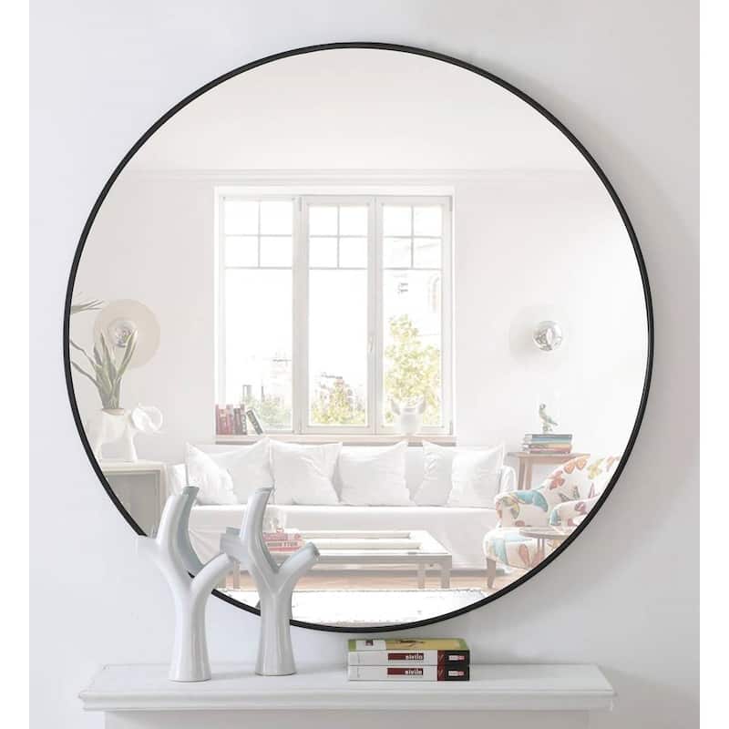 Black Metal Frame Round Wall Mirror Glass Hanging