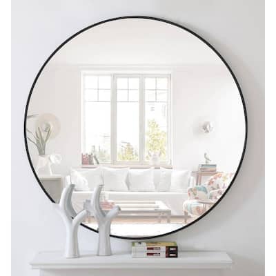 Black Metal Frame Round Wall Mirror Hanging