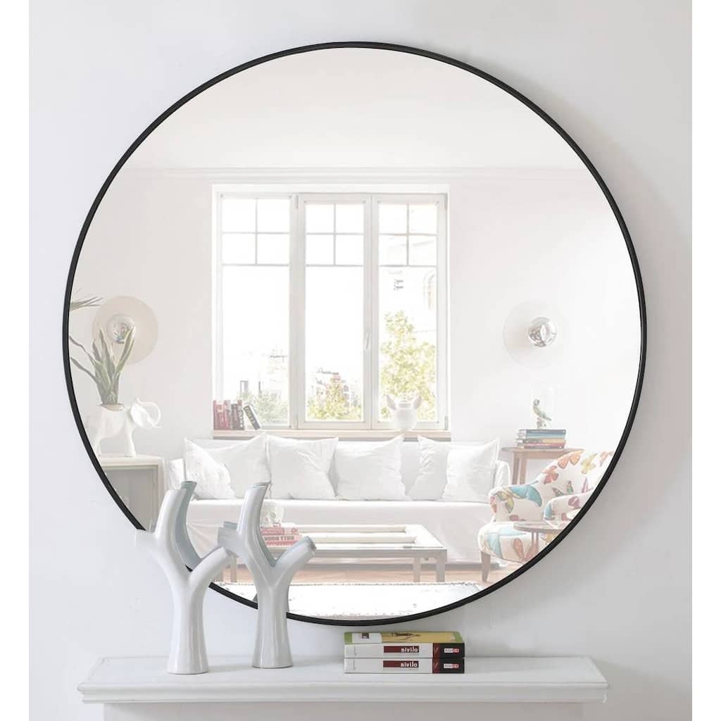 Black Metal Frame Round Wall Mirror Hanging