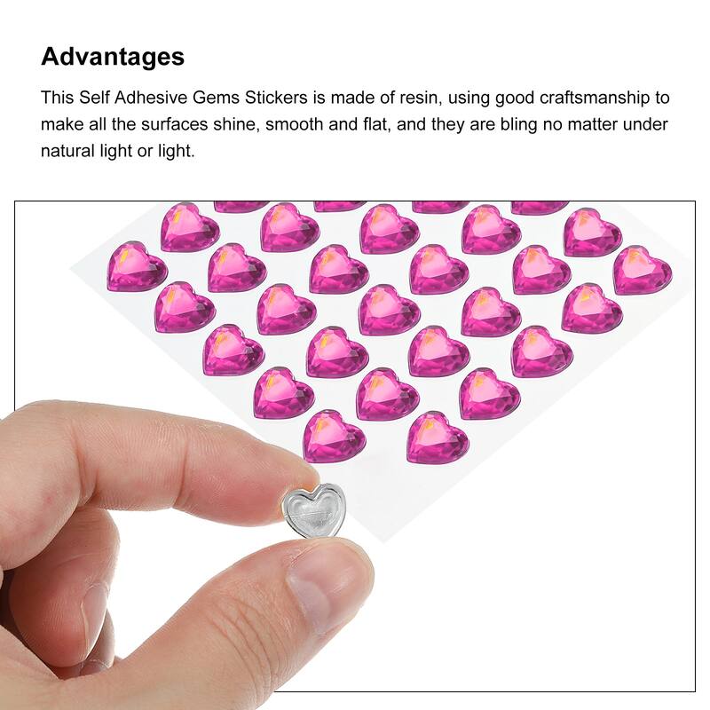 144 Pcs Heart Rhinestone 10mm Self Adhesive Gems Stickers Dark Pink - Dark Pink