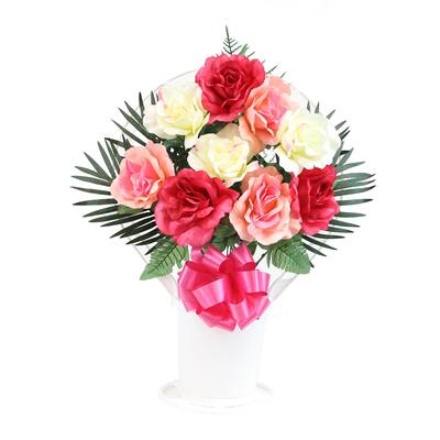 Memorial Large Rose Arrangement in Large, White Cemetery Hoop Basket with Handle - N/A