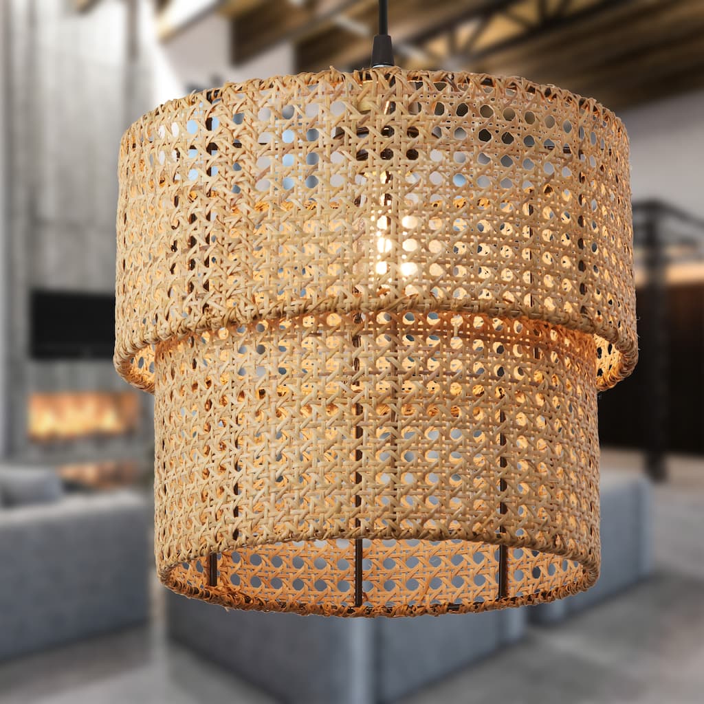 Kimika River of Goods Tan and Gold Rattan and Metal 12-Inch Pendant Light with Adjustable Hanging Cord - 12" x 12" x 15/80"