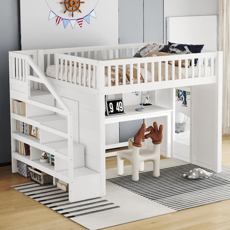 Children's Bedroom Solid Wood Loft Bed with Movable Desk, Storage Stairs, Shelves, Safety Guardrails and Optional Full or Twin - White - Full