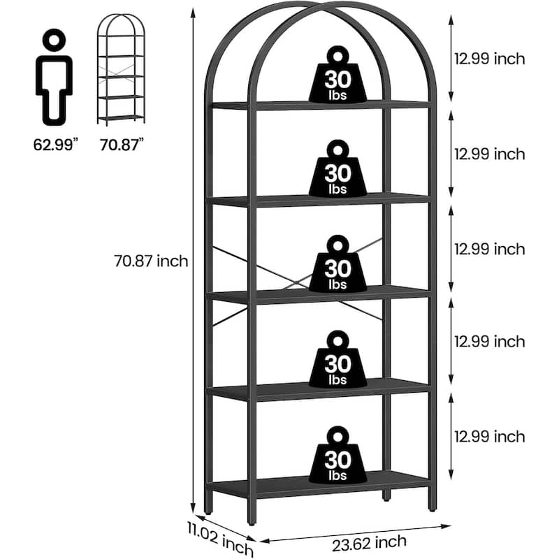 5-Tier Arched Bookshelf, Tall Wood Bookcase with Metal Frame, Modern Storage Rack for Living Room, Bedroom, or Home Office